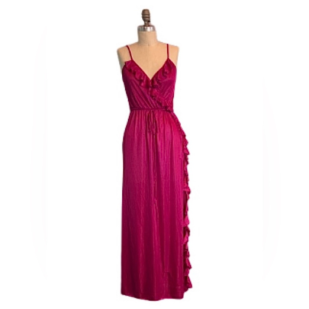 Vintage Flair Fuchsia Faux Wrap Maxi Nightgown with Ruffle Detail and Side Slit